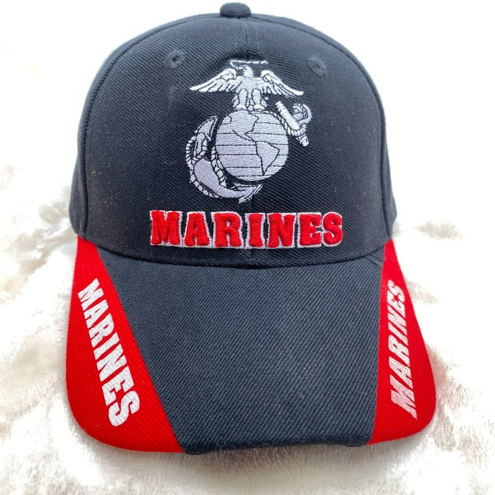 US Marines Baseball Cap Hat Black Red Embroidered EGA Adjustable Mens